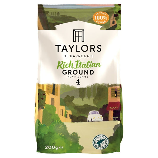 Packaging of Taylors Rich Italian Ground Coffee, showing a 200g bag with a Rich Italian Ground label, against a background depicting a Italian landscape.