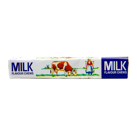A pack of MILK CHEWS with an illustration of cows and a milkmaid on the packaging.