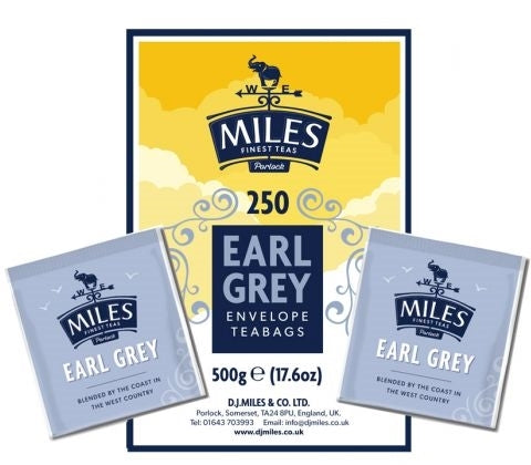Packaging of Miles Earl Grey enveloped teabags, displaying the product name and count, with a yellow and blue color scheme.
