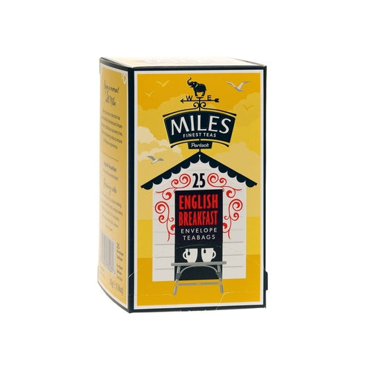 A box of Miles English Breakfast tea bags, with product information and branding displayed on the packaging.