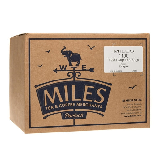 A cardboard box of Miles brand two cup tea bags with a graphic of an elephant, a compass, and text indicating the product weight and brand details.