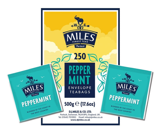 Packaging of MILES peppermint tea bags, showing the brand logo, product name, weight (500g), and the image of the teal envelope bags.