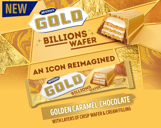 Packaging for MCVITIES GOLD BILLION WAFER, indicating it is a golden caramel chocolate wafer with layers of crisp wafer and cream filling.