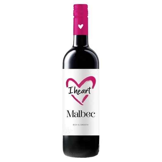 This image features a bottle of wine with a distinctive label that reads "I heart Malbec" in a playful, stylized font. The design includes a prominent, red heart symbol replacing the word "heart," making it visually appealing.