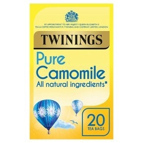 Packaging of Twining Pure Camomile Tea Bags showing a box with 20 tea bags and a camomile flower illustration.