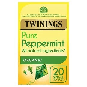 Packaging of TWININGS PURE PEPPERMINT tea with the label showing 'All Natural Ingredients', '20 single tea bags', and the brand's logo.