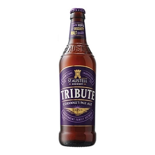 A 500ml bottle of Tribute Cornish pale ale by St Austell Brewery.