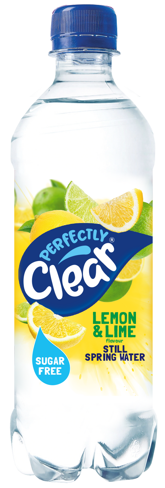 A plastic bottle of water labeled 'Perfectly Clear' with lemon and lime graphics, indicating a flavored spring water.