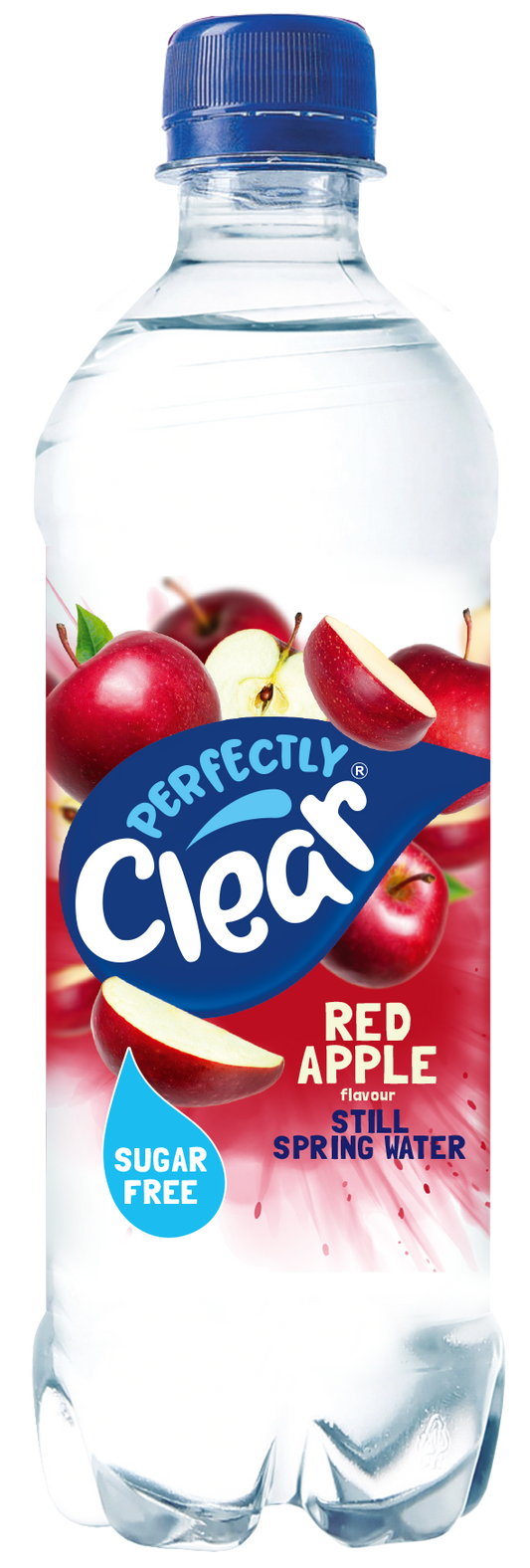 A plastic bottle of Clearly Perfect Red Apple spring water, 500ml size, with a label showing red apples and the text 'PERFECT', 'RED APPLE' and 'SUGAR FREE'.