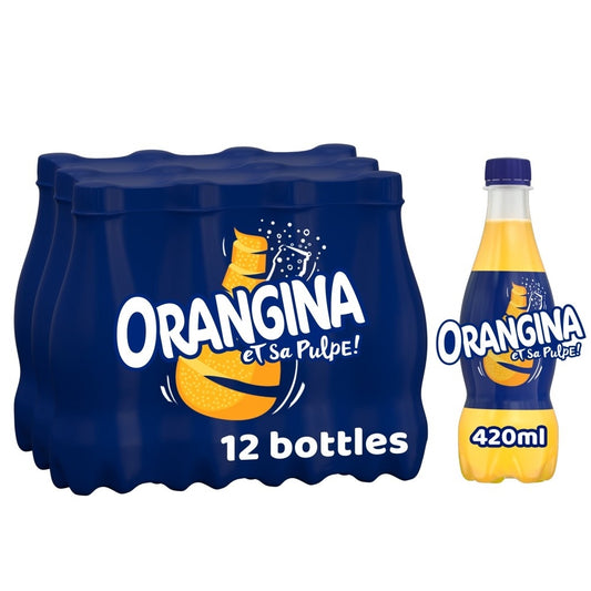 A case containing 12 bottles of Orangina orange soda, each bottle is 200ml. The packaging is predominantly blue with an image of an orange and the Orangina logo.