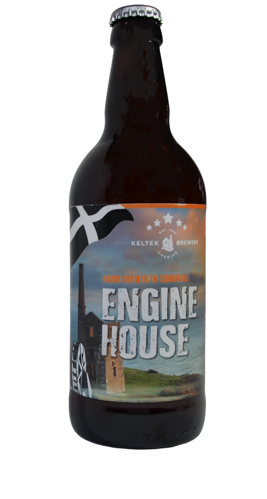 This image features a bottle of KELTEK ENGINE HOUSE COPPER ALE, which is a 4% alcohol by volume beer packaged in a 500ml bottle. The bottle design includes a rustic and inviting label that depicts an old-fashioned engine house, likely a reference to the brand's namesake and the copper ale's traditional brewing theme.