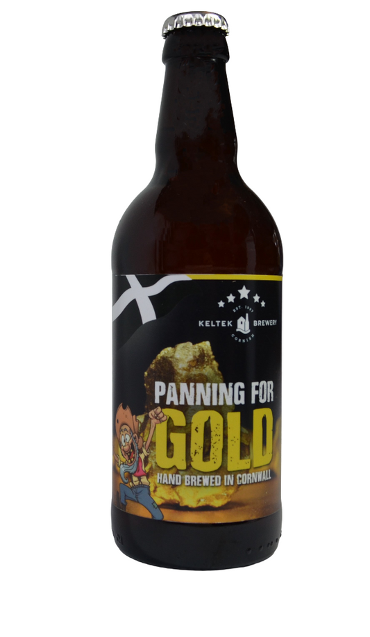 This image features a bottle of KELTEK PANNING FOR GOLD ALE, a 4% alcohol by volume beer, packaged in a 500ml bottle. The bottle design includes a striking label with a vintage-inspired look, depicting a prospector and gold nuggets, which creatively reflects the product's theme of "Panning for Gold.