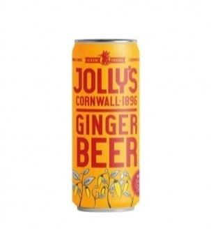 A can of Jolly's Cornish Ginger Beer with a yellow background and branding elements.