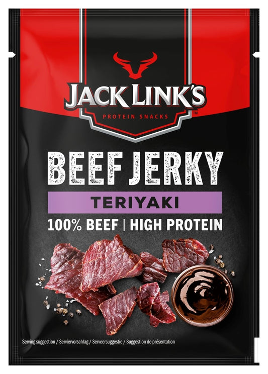 A package of Jack Link's Beef Jerky Teriyaki flavor in a clipstrip format. The package is predominantly black and red with images of the jerky and the brand's logo.