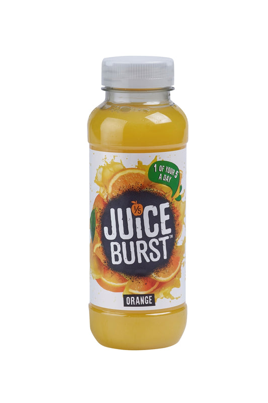 A glass bottle of Juice Burst orange juice with a label that shows the brand name and the flavor, indicating it is 100% pure orange juice.