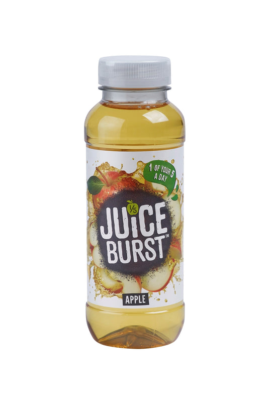 A 300ml plastic bottle of Juice Burst breakfast pure apple juice. The label shows the brand name, product name, and an image of an apple.