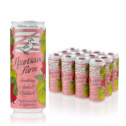 Heartsease Farm sparkling apple & rhubarb cans on a white background