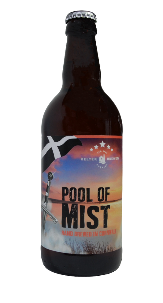 This image features a bottle of KELTEK POOL OF MIST PALE ALE with a 3.4% alcohol volume, packaged in a 500ml bottle.