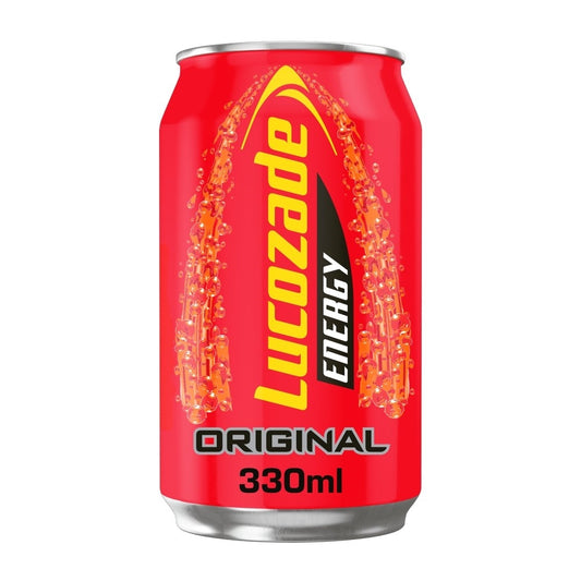 A can of LUCOZADE Original energy drink with red and yellow label, 330ml size.