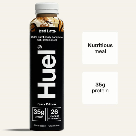 Huel Iced Latte protein shake bottle with nutritional information on a white background