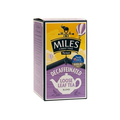 Box of Miles decaffeinated loose leaf tea in a 250g packaging.