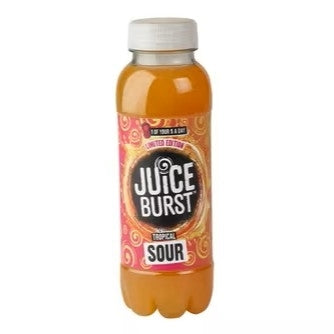 A bottle of Juice Burst Tropical Sour drink with orange liquid, a white cap, and a pink and black label, shown on a plain white background.
