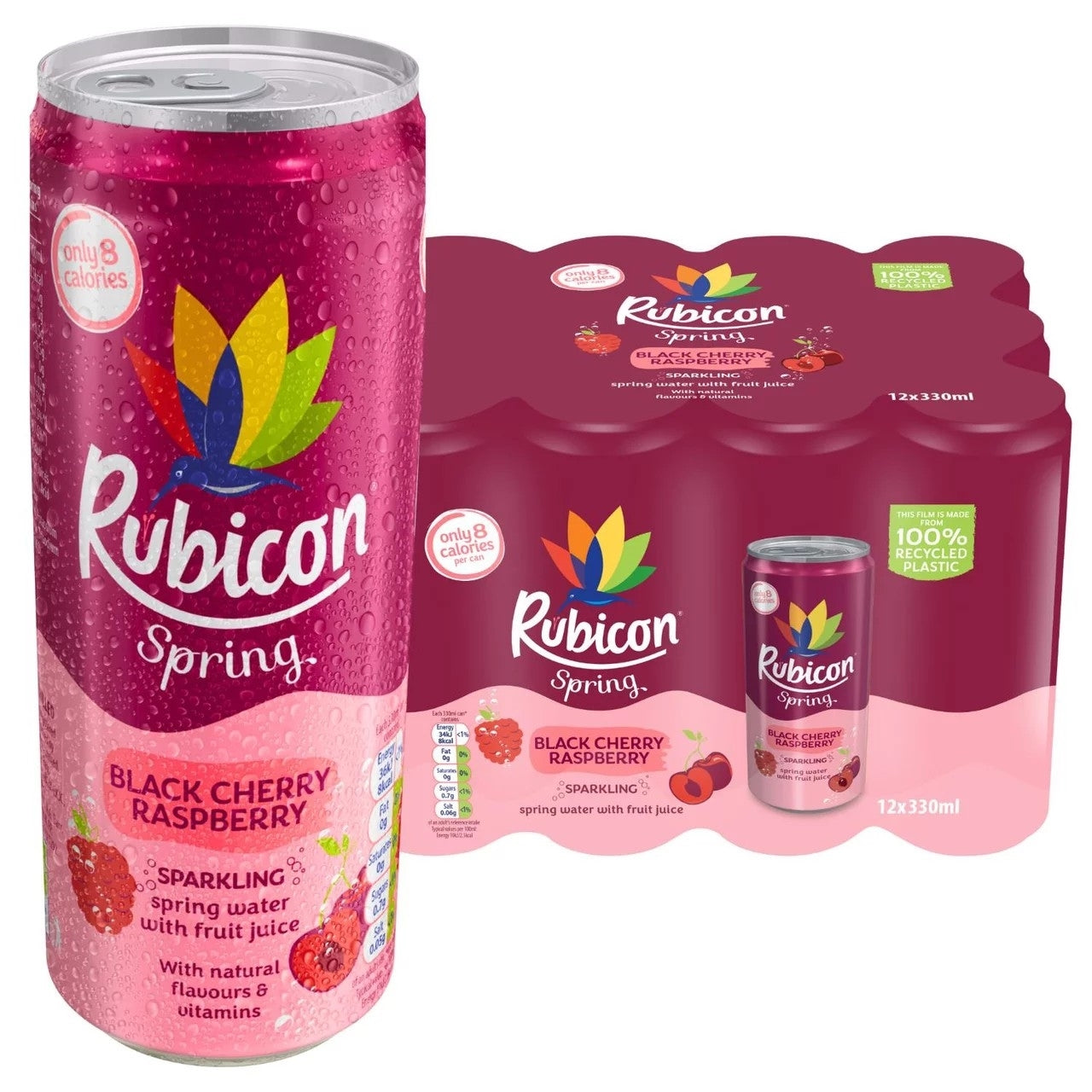 A single can and a 12-pack carton of Rubicon Spring Black Cherry Raspberry sparkling spring water with fruit juice, shown on a plain white background.