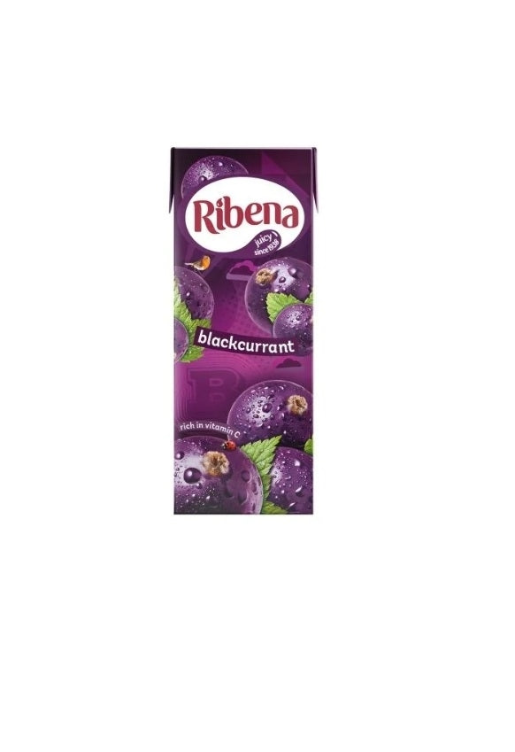 A vertical package of Ribena blackcurrant juice, featuring a deep purple design with illustrations of blackcurrants and mint leaves, set against a plain white background.