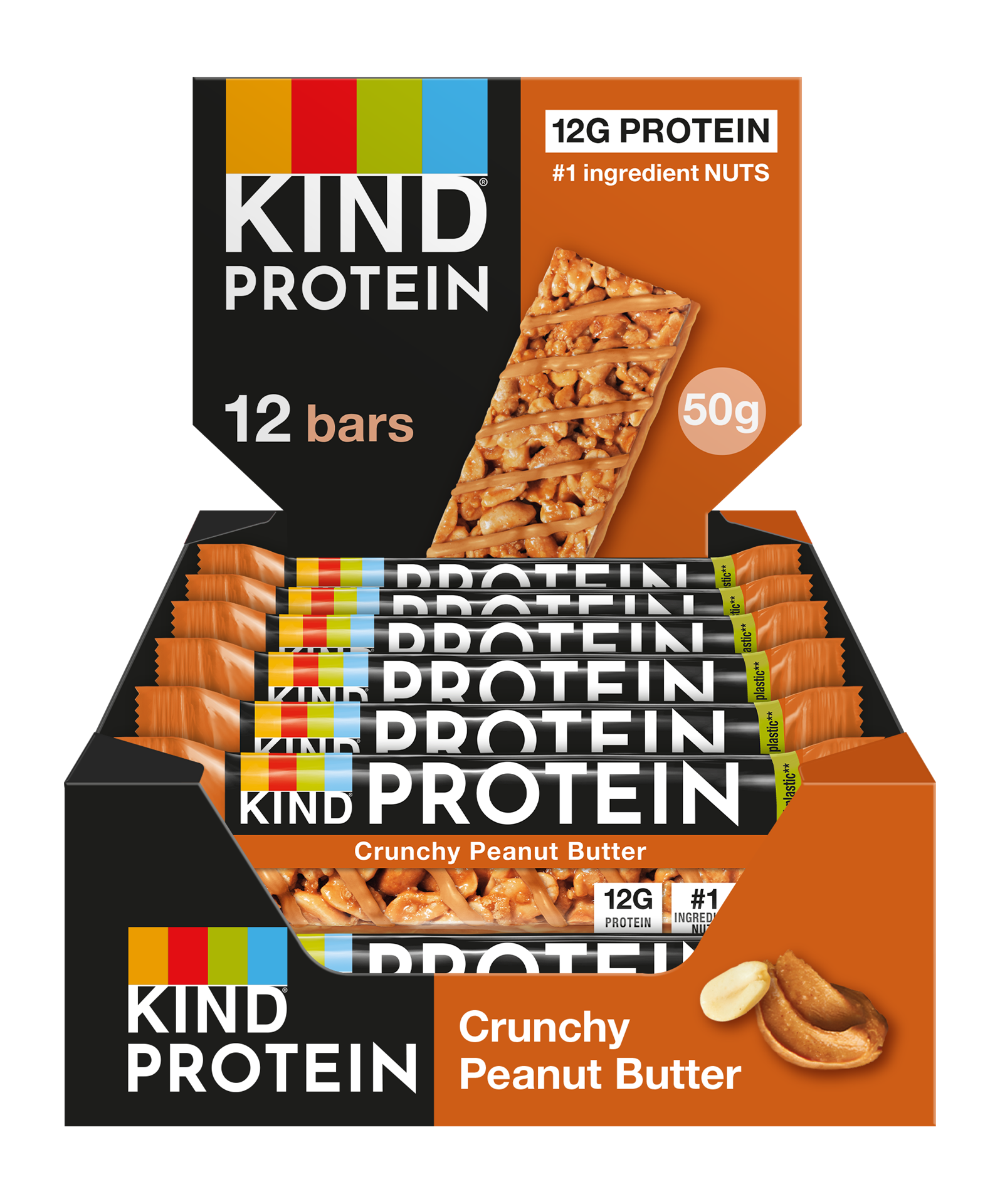 Box of Kind Protein Crunchy Peanut Butter bars on a white background