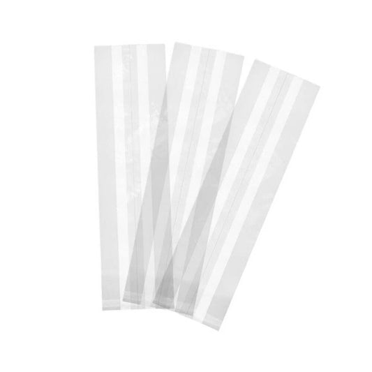 Set of five clear vegware bags on a white background