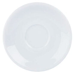 A white ceramic saucer designed to fit in an espresso cup or a 9oz cup.