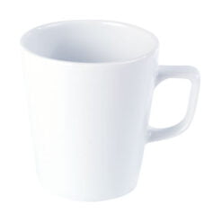 A white ceramic latte mug with a handle on the right side, viewed from the front.