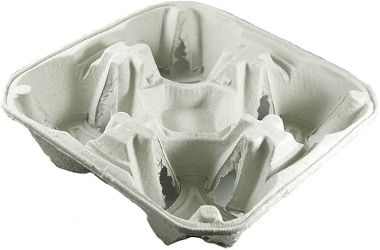 A white cardboard carry tray designed to hold multiple cups, with indents to secure the cups in place.