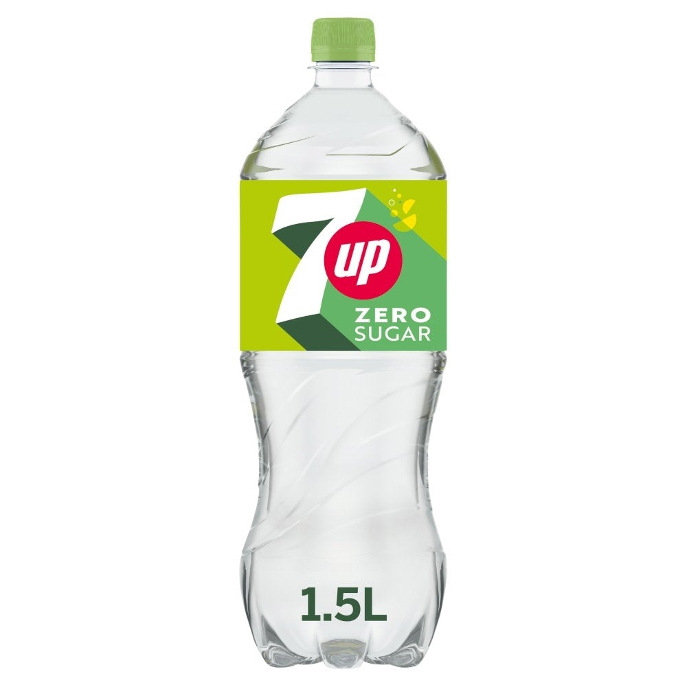 A 1.5L bottle of 7up Zero Sugar soda on a plain white background.
