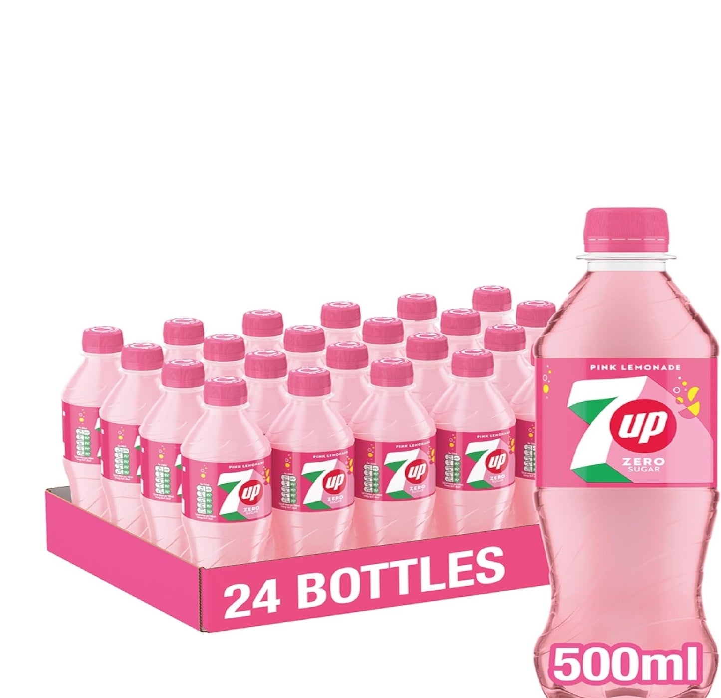 A 24-pack display tray and a single large bottle of 7 Up Zero Sugar Pink Lemonade 500ml soda on a plain white background.