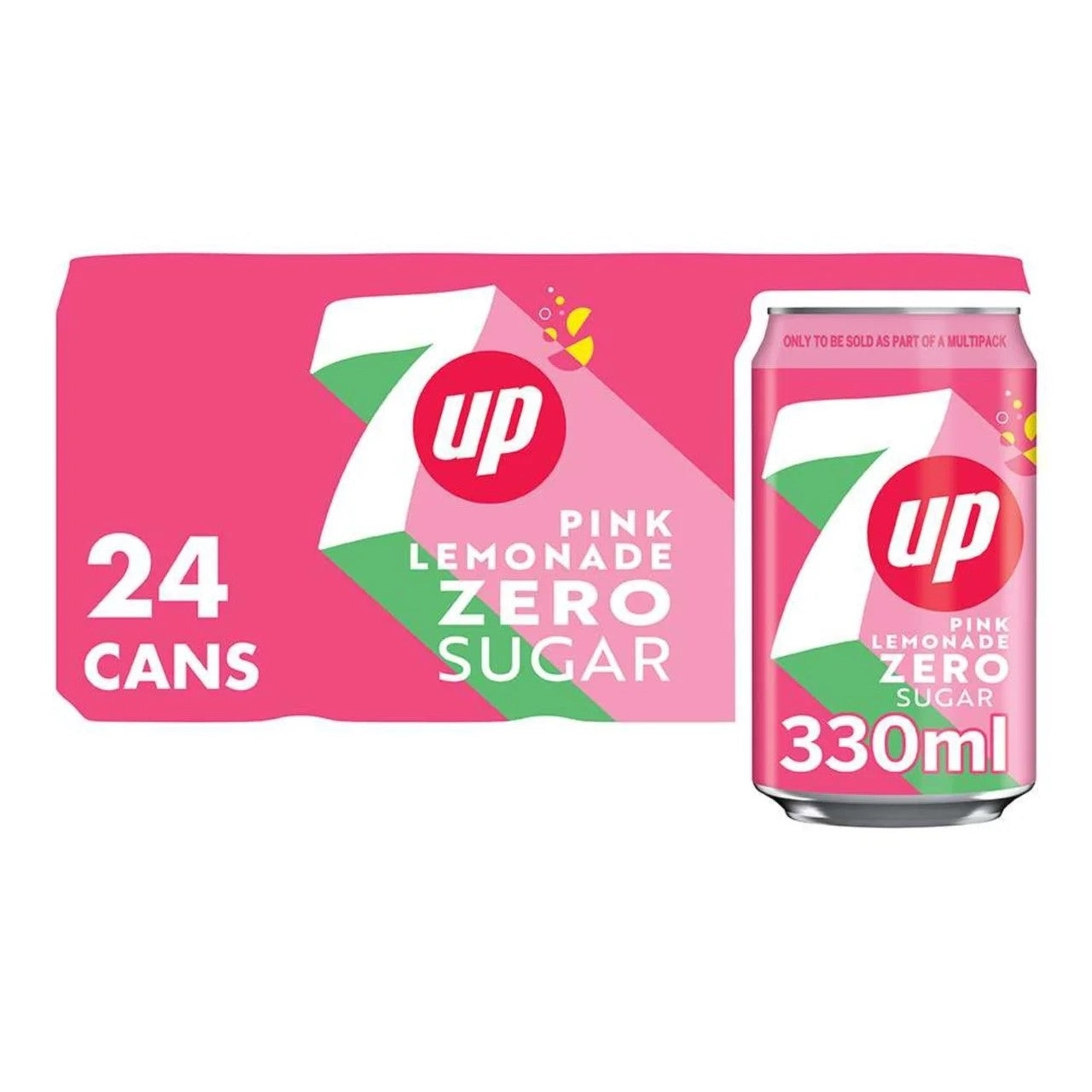 Packaging of 7UP Pink Lemonade Zero Sugar cans with a pink background