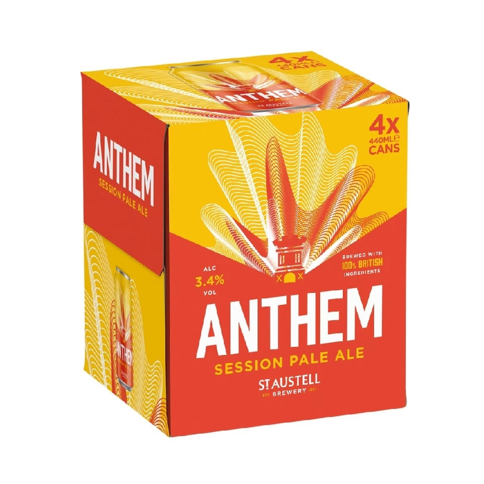 A 4-pack cardboard box of Anthem Session Pale Ale by St Austell Brewery, featuring a bright yellow and red design with white text and a stylized beer can graphic.