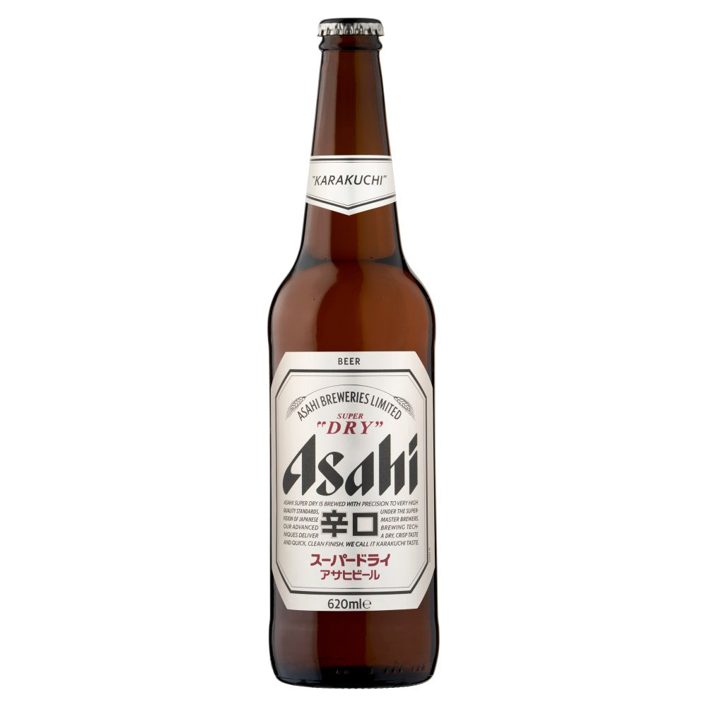 A 620ml bottle of Asahi Karakuchi Dry Super Dry Beer in a brown glass bottle with a white label, shown on a plain white background.