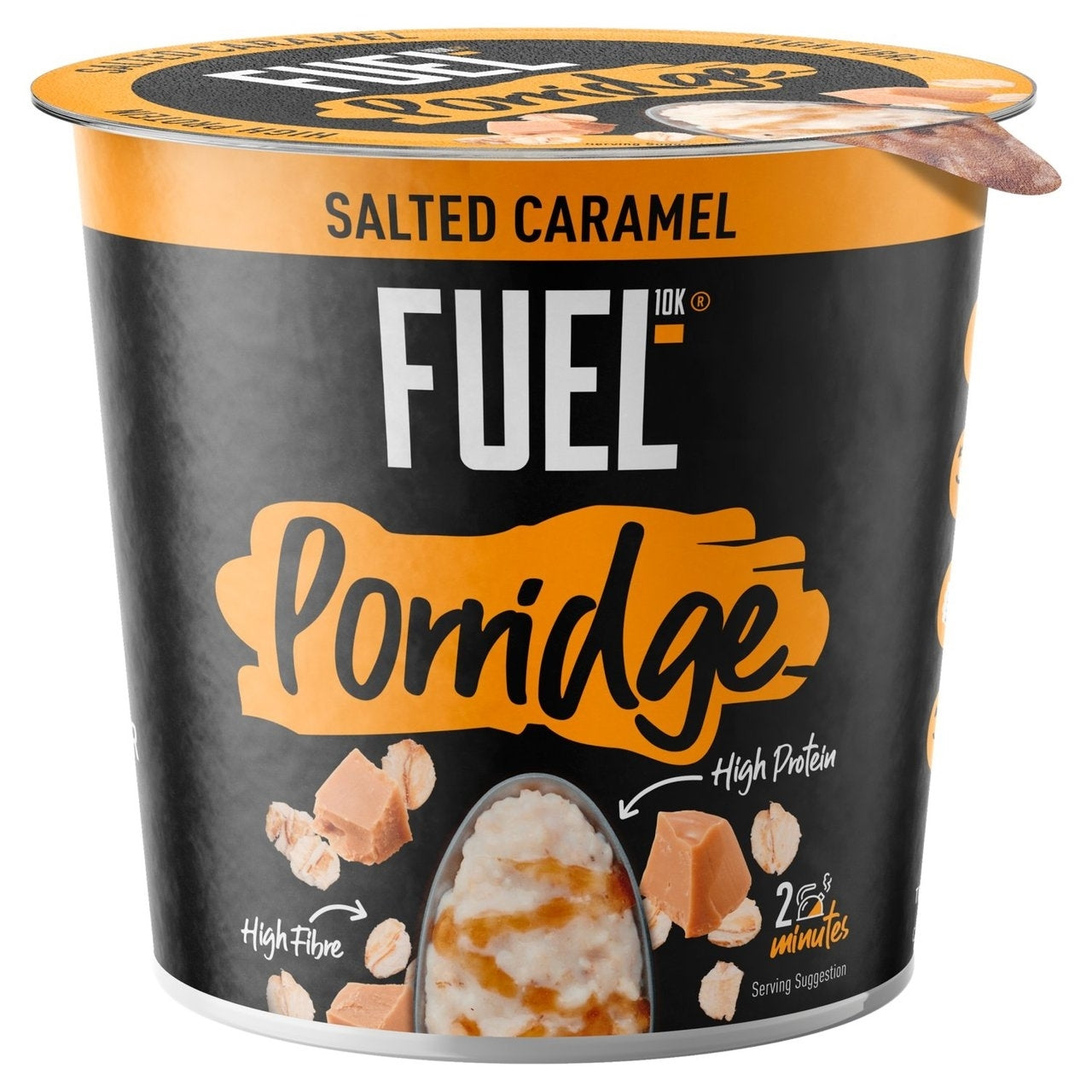 A pot of FUEL 10K porridge with Salted Caramel flavor, highlighting high protein content and a before workout recommendation.