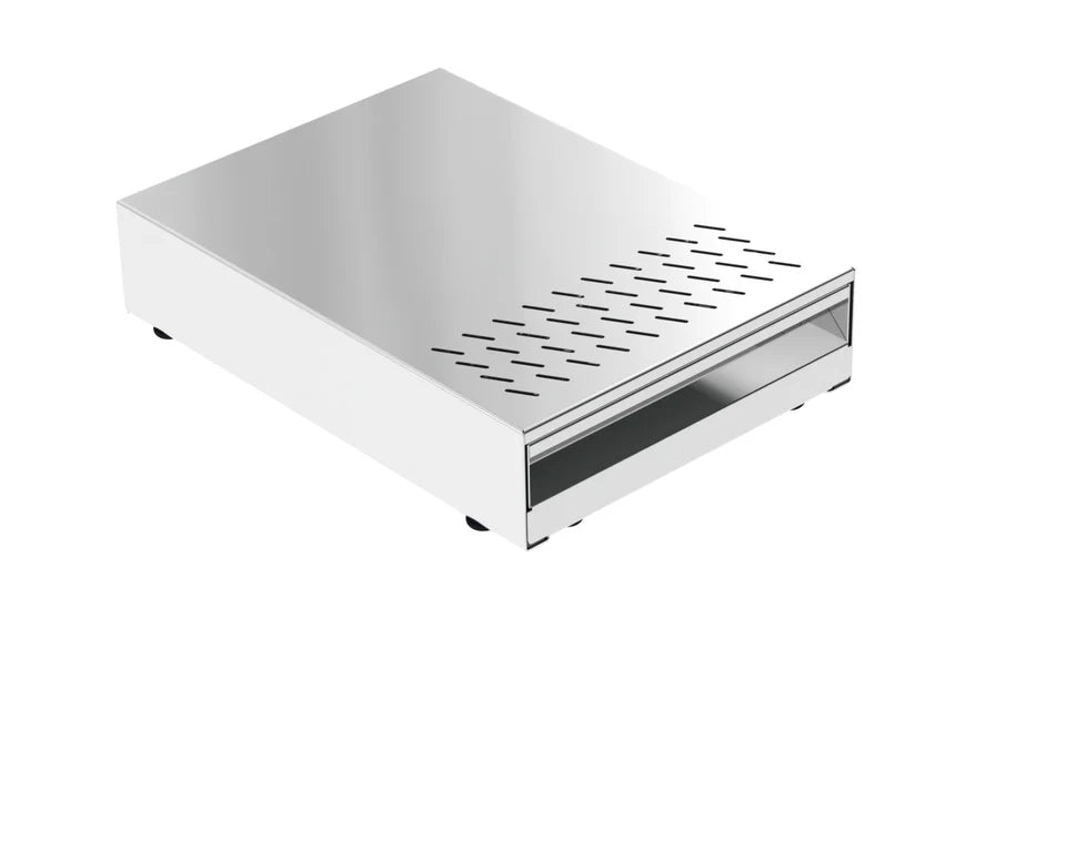 A silver-colored metal knock drawer for coffee makers, featuring a slotted design on the surface.