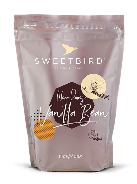 Sweetbird Non-Dairy Vanilla Bean frápè mix packaging on a white background