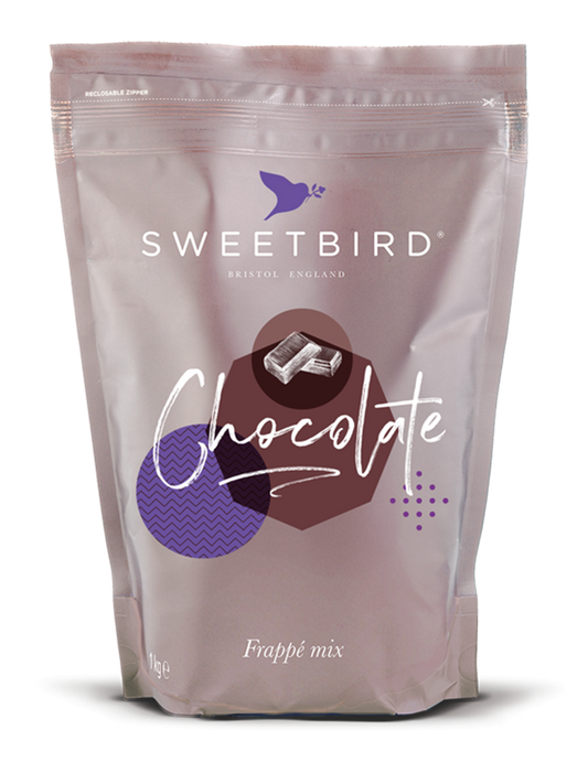 A sealed pouch of Sweetbird brand hot chocolate mix, labeled 'Chocolate' with a 'Choc Frappé' description, indicating a rich mix of Belgian chocolate powder and cocoa.