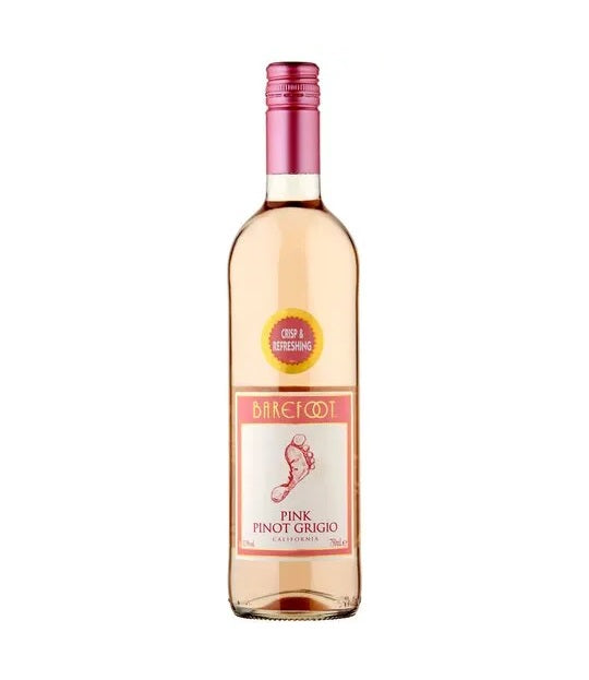 A bottle of Barefoot Pink Pinot Grigio wine with a pink label and a cork finish.