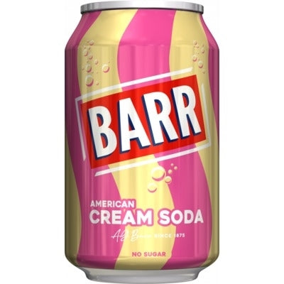 Barr American Cream Soda can with pink and yellow design on a white background