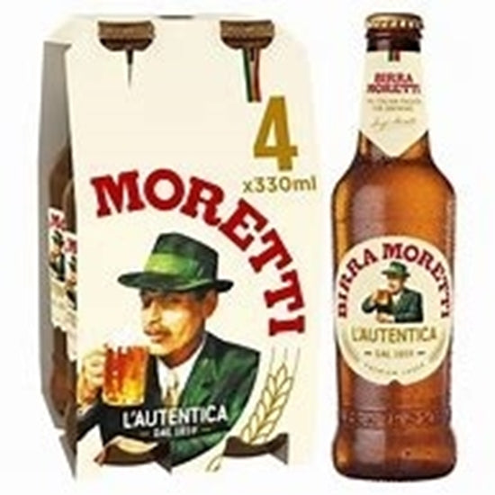 A 4-pack of Moretti L'Autentica beer bottles, showing the cream-colored cardboard carrier with a vintage illustration of a man in a green hat and a single brown glass bottle with its matching label.