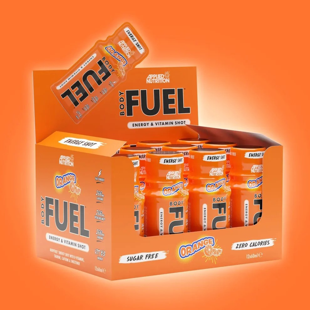A pack of Body Fuel shots in Orange