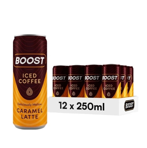 A single can of Boost Iced Coffee Caramel Latte stands next to a white cardboard multipack box holding six more cans, all on a plain white background.
