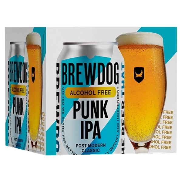 A six-pack display of BrewDog Punk IPA Alcohol Free canned beer, featuring silver cans with bright blue and yellow accents, alongside illustrations of a filled pint glass and a tall tilted beer glass.
