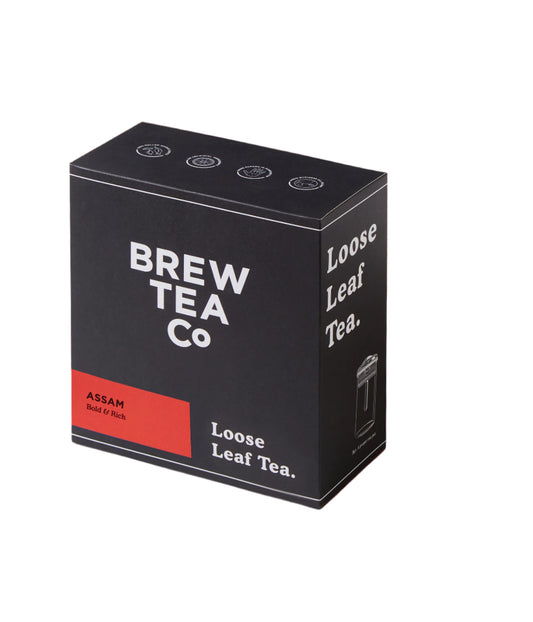 A box of BREW TEA LOOSE 500G ASSAM TEA with the brand name and product type clearly displayed on the front.