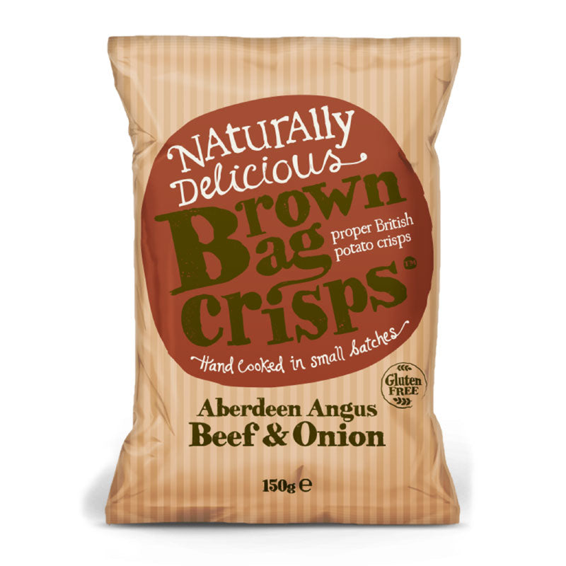 Bag of 'Naturally Delicious Brown Bag Crisps' with 'Aberdeen Angus Beef & Onion' flavor on a white background.